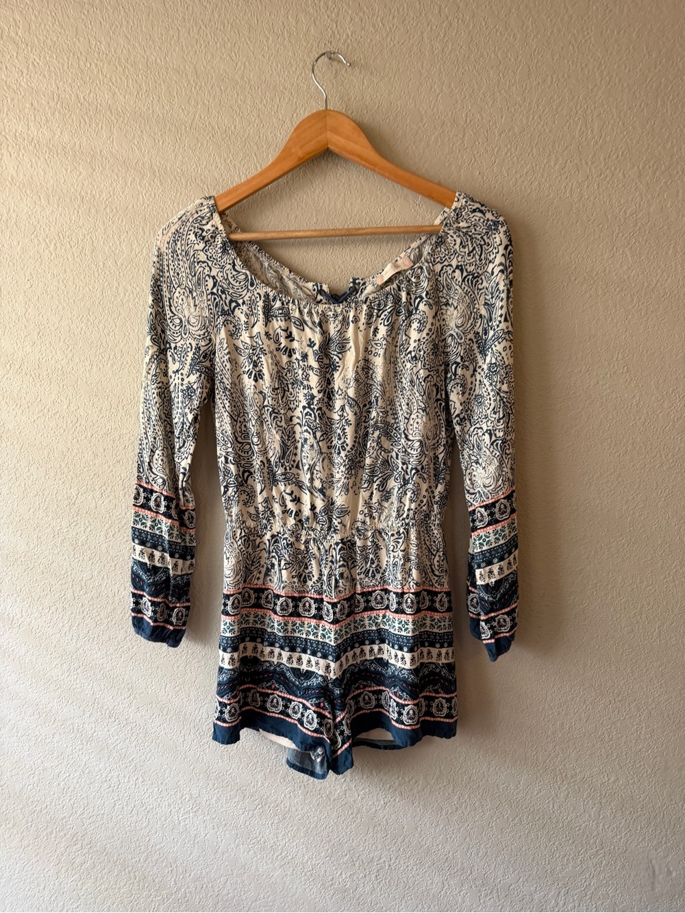 Altar’d State Bohemian Navy and Cream Printed Romper Dress Small